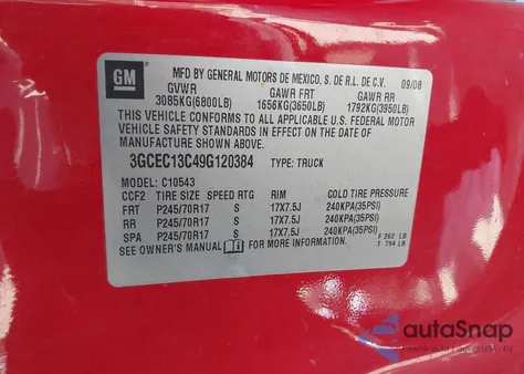 2009 Chevrolet Silverado 1500 Work Truck from USA, damaged, VIN 3GCEC13C49G120384